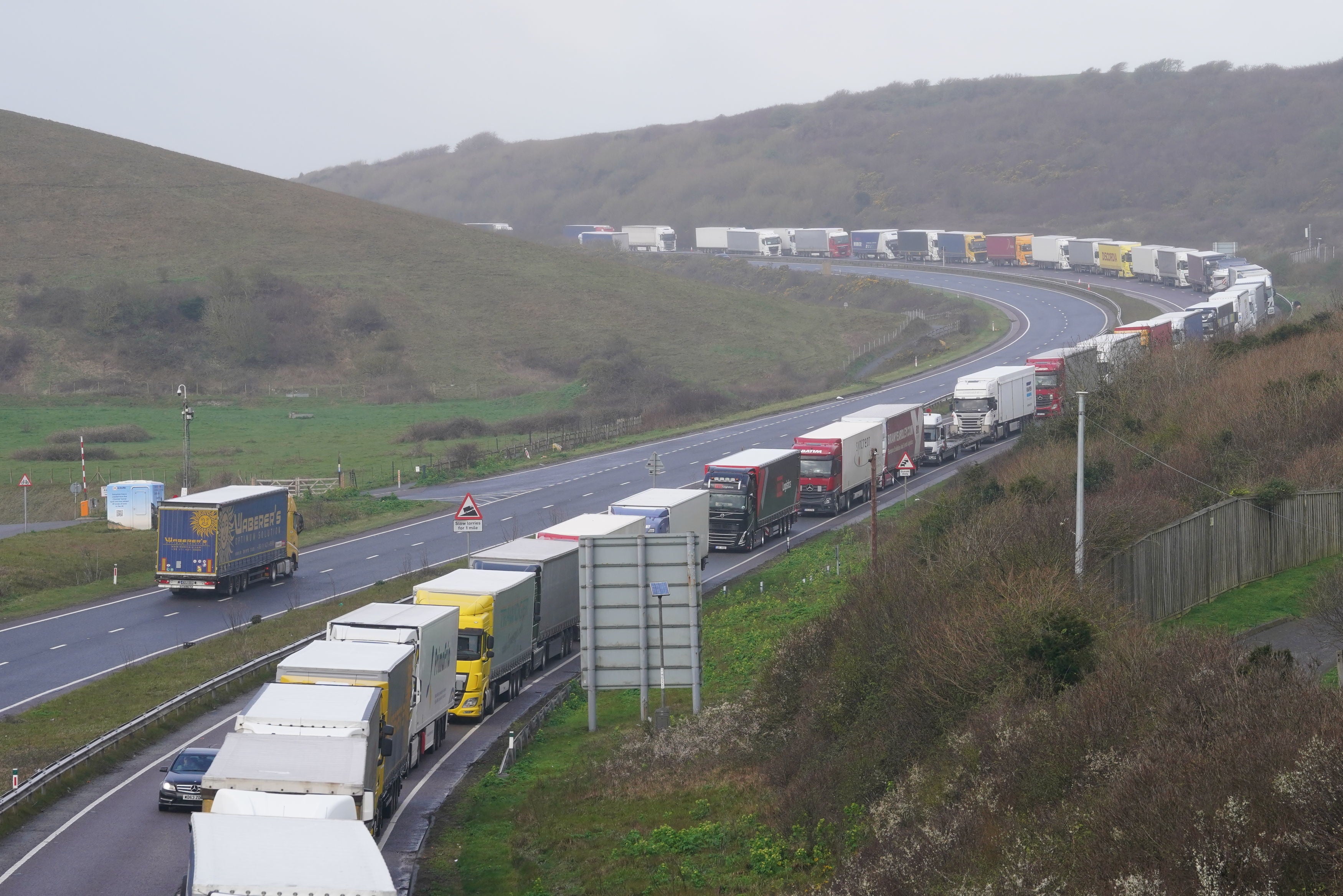 Lorries queueing on the A20 to get to the Port of Dover