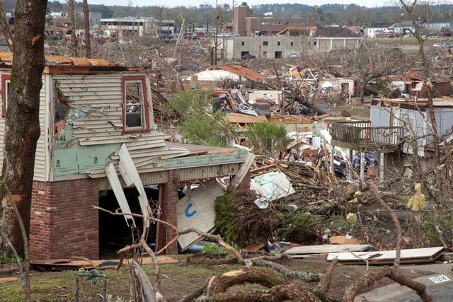 <p>The damaged remains of the Walnut Ridge neighborhood is seen on March 31, 2023 in Little Rock, Arkansas</p>