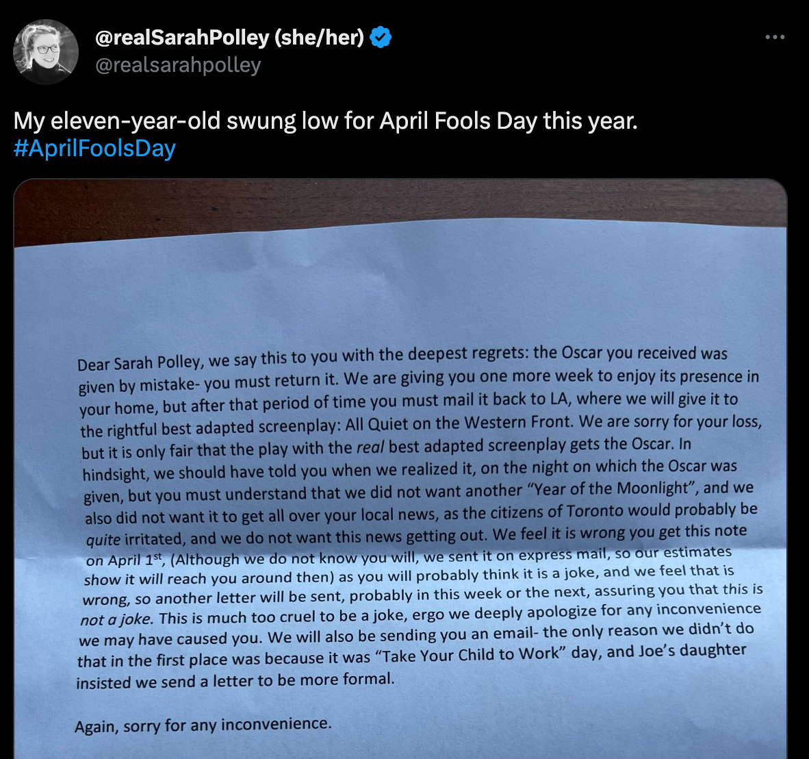 Sarah Polley’s child played a brilliant April Fools’ Day prank on the ‘Women Talking’ director