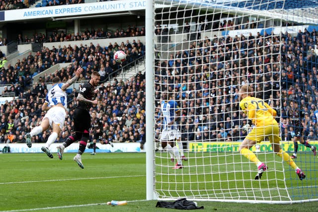 Brentford’s Pontus Jansson scores the first of three Brentford goals (Kieran Cleeves/PA)