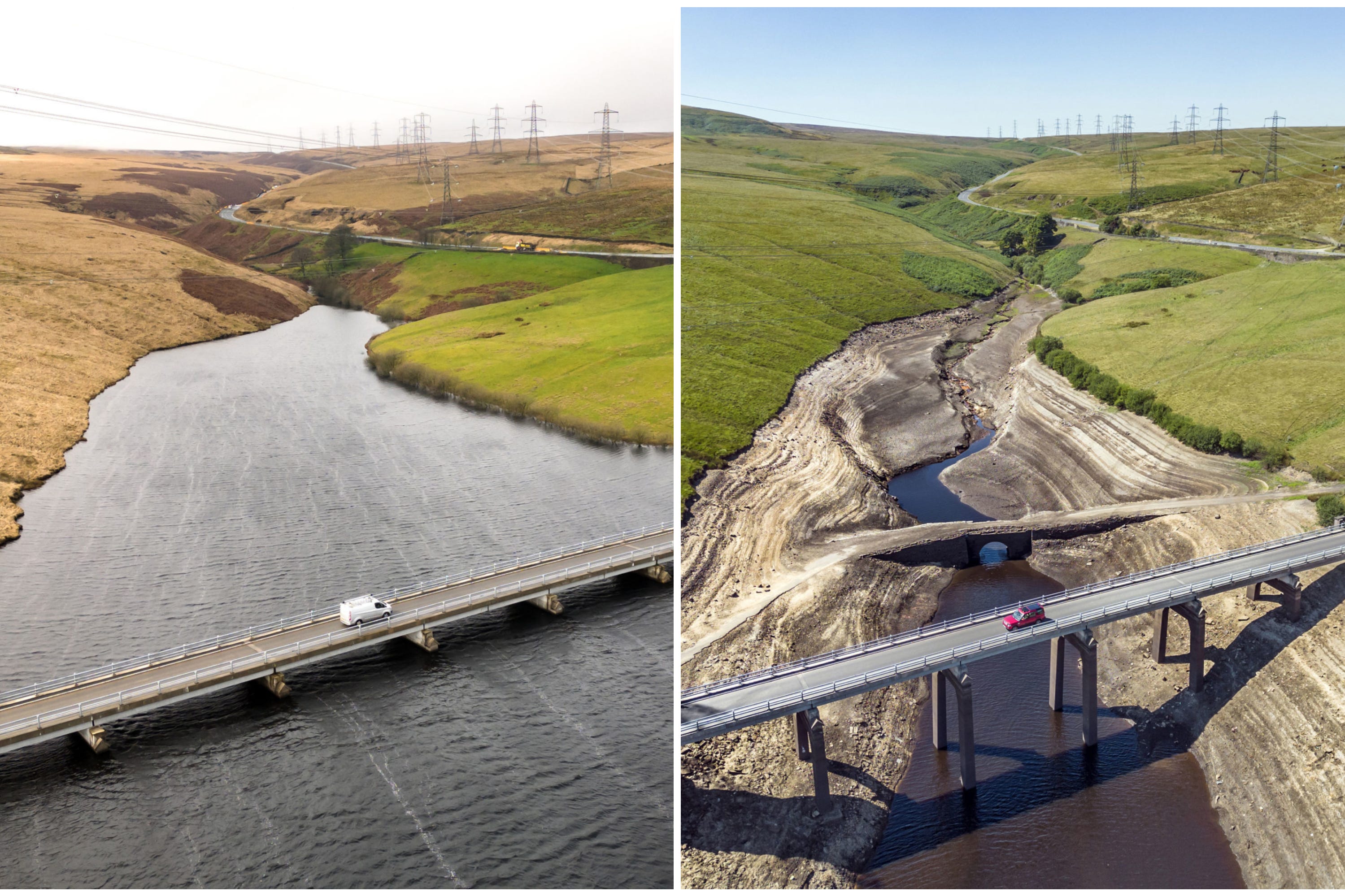Composite of photos dated 30/03/23 (top) showing Baitings Reservoir in Ripponden, West Yorkshire and on 12/08/22 (bottom) when the water levels were low (Danny Lawson/PA)