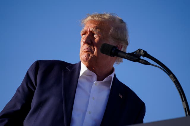 <p>Former President Donald Trump speaks at a campaign rally at Waco Regional Airport, on 25 March  </p>