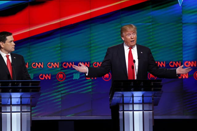 <p>Donald Trump and Sen Marco Rubio during the Republican presidential debate at the University of Miami, 10 March 2016, in Coral Gables, Florida </p>