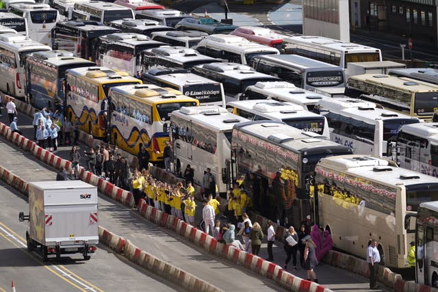 <p>Coaches wait to enter the Port of Dover on Sunday </p>