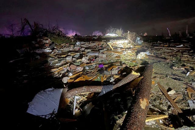 <p>Debris in Adamsville, Tennessee on Friday, March 31, 2023, after a deadly tornado passed through</p>