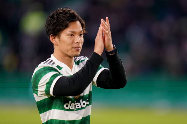 Celtic’s new signing Tomoki Iwata is unveiled on the pitch at half time during the cinch Premiership match at Celtic Park, Glasgow. Picture date: Saturday January 7, 2023.