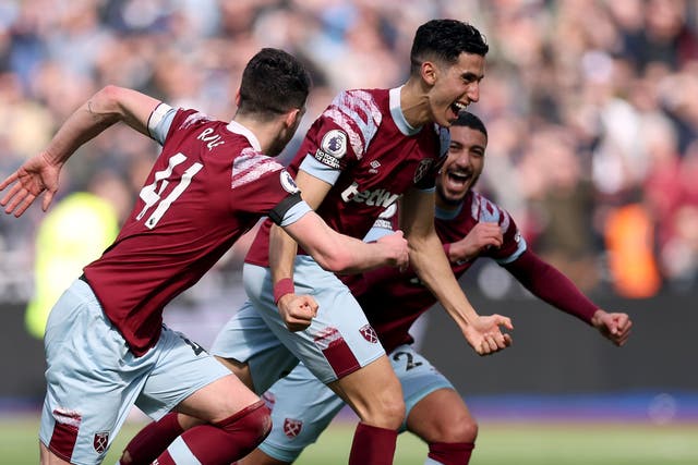 Nayef Aguerd’s first-half header rocketed West Ham to the heady heights of 14th (Steven Paston/PA)