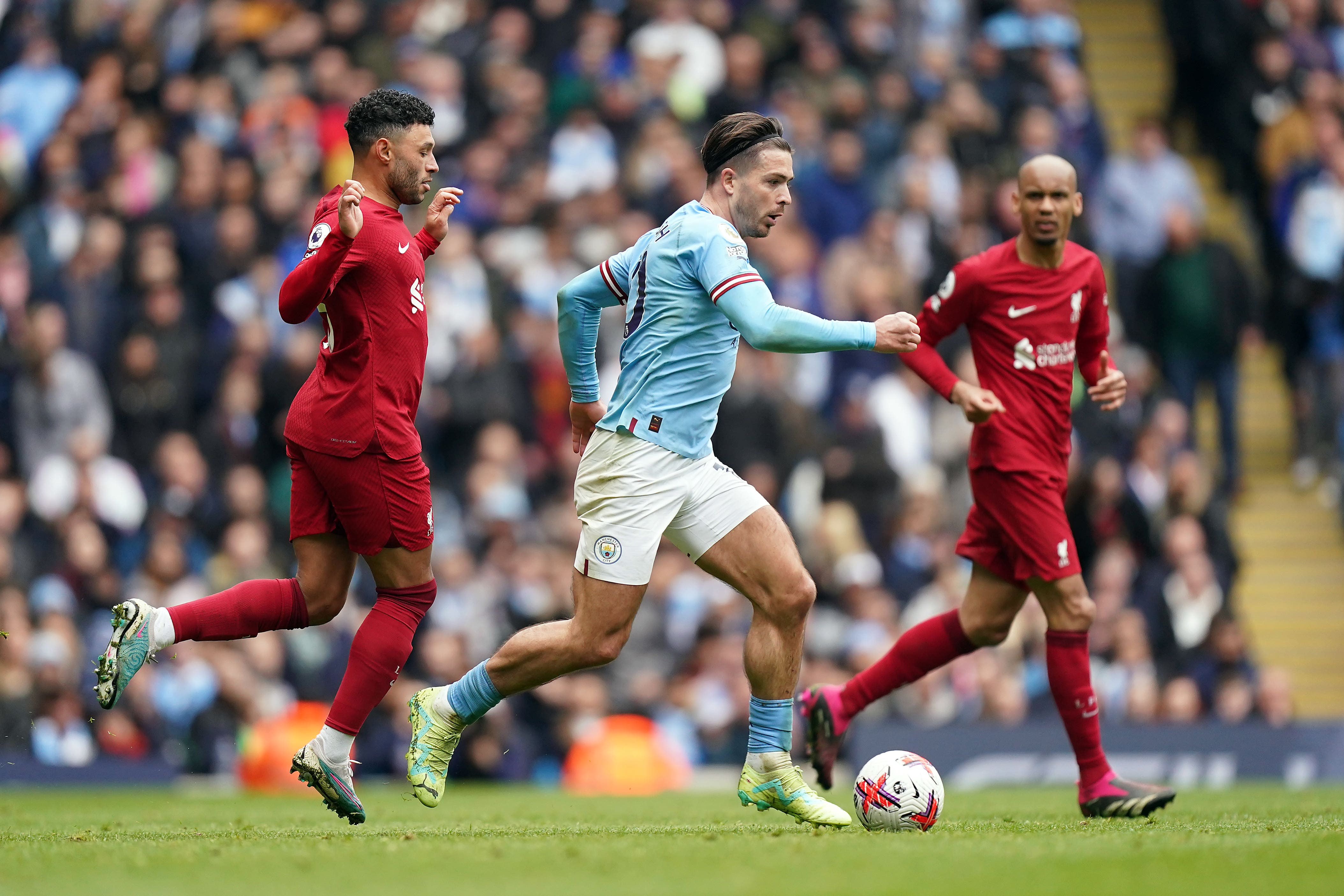 Jack Grealish (centre) was instrumental in Manchester City’s win over Liverpool (Mike Egerton/PA)