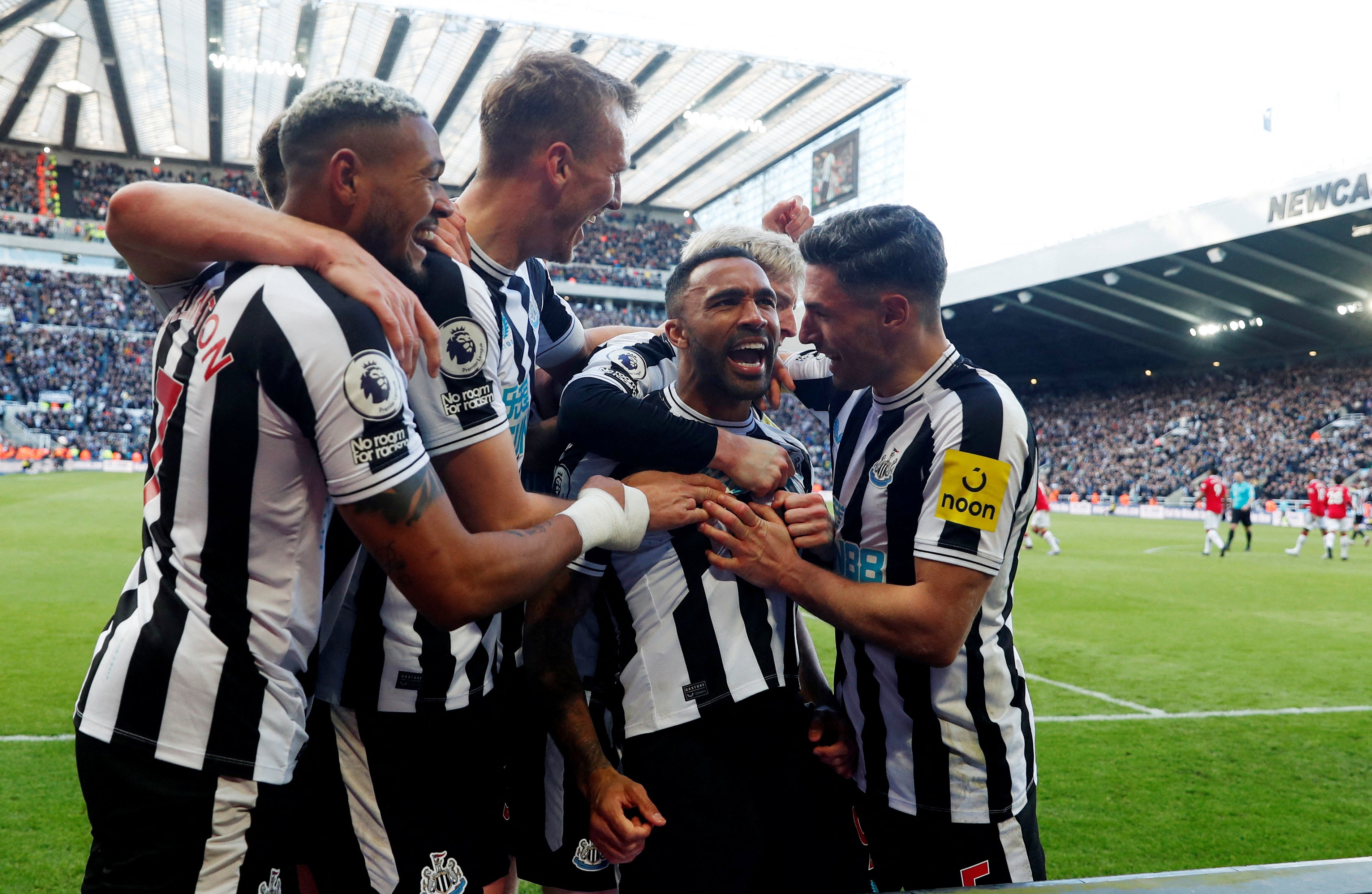 Callum Wilson celebrates scoring Newcastle’s second goal with teammates