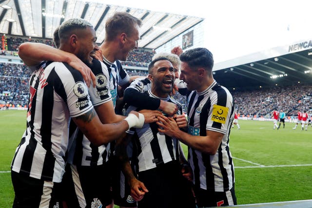 <p>Callum Wilson celebrates scoring Newcastle’s second goal with teammates </p>