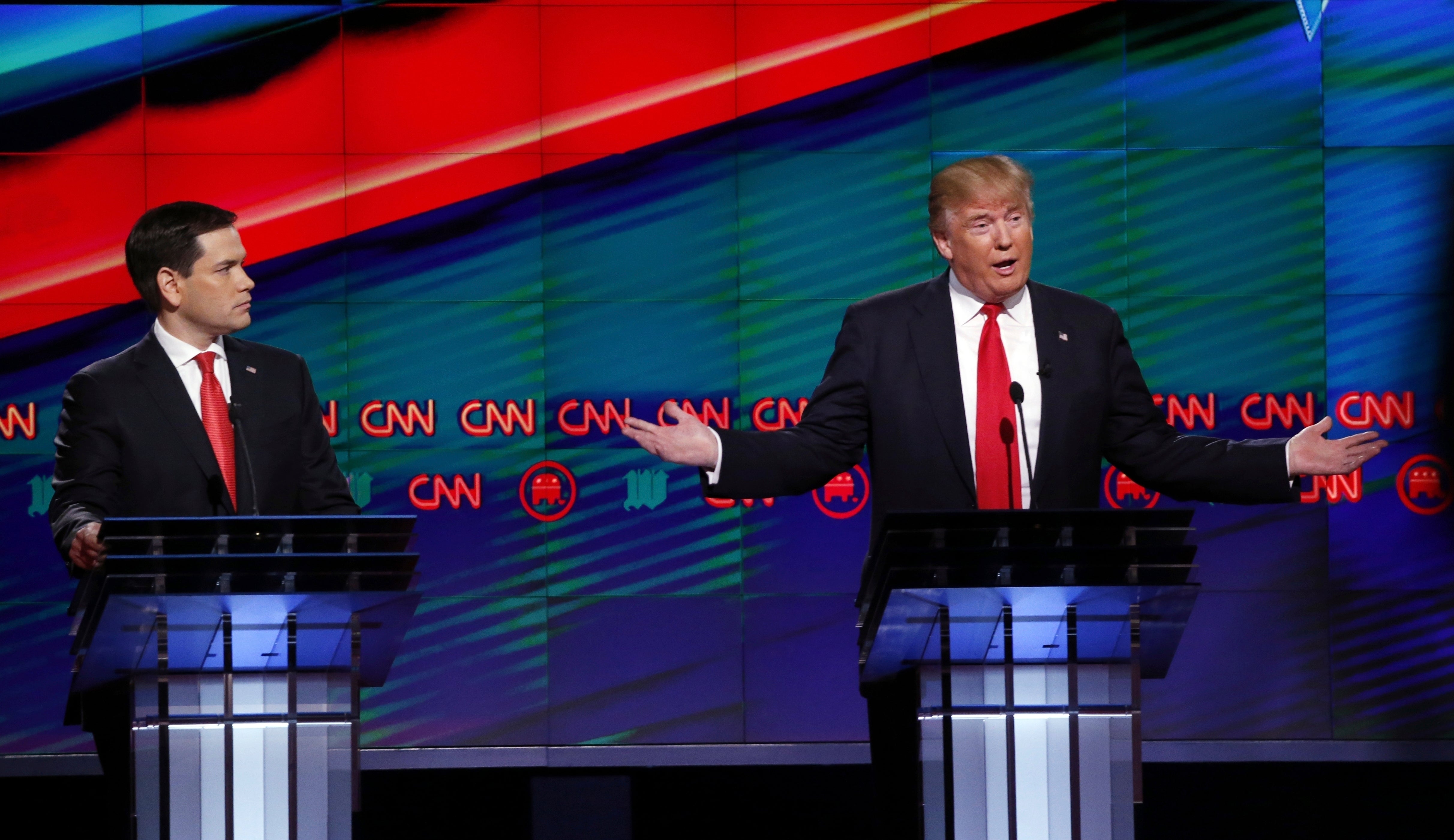 Marco Rubio and Donald Trump on the debate stage in March 2016