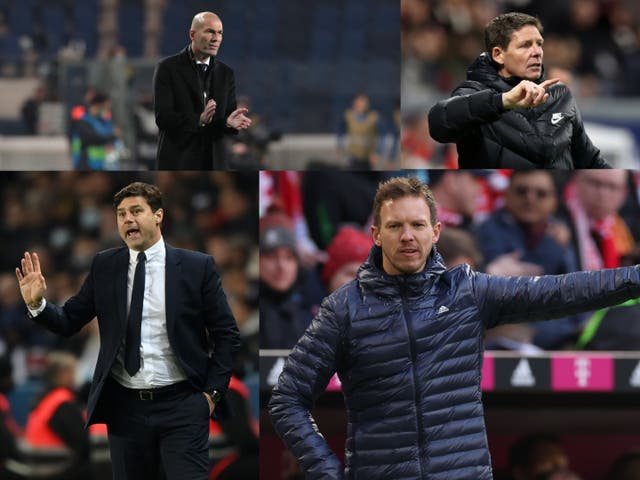 <p>Julian Nagelsmann, Mauricio Pochettino, Zinedine Zidane and Oliver Glasner are among the front-runners to take over at Stamford Bridge</p>