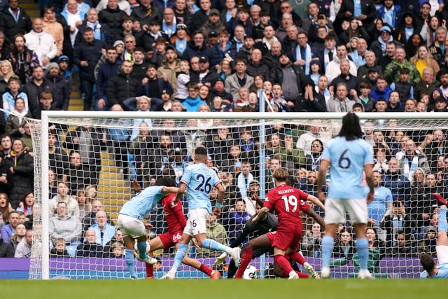 Ilkay Gundogan scores Manchester City’s third goal (Mike Egerton/PA)