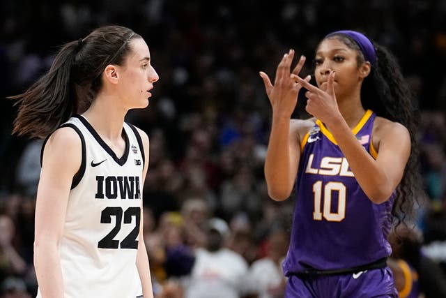 <p>Angel Reese gestures during the NCAA Women’s Basketball championship game. LSU defeats Iowa </p>