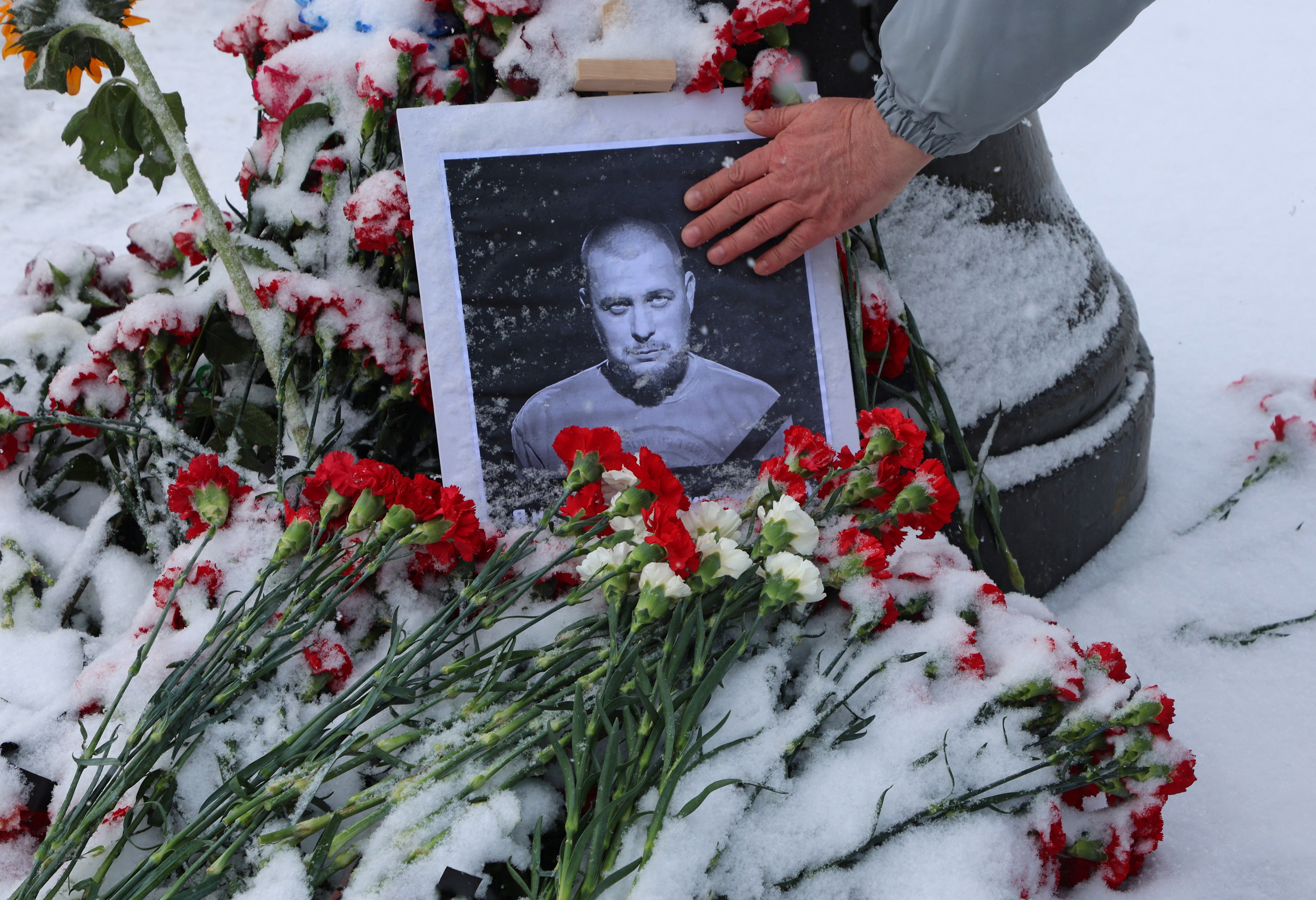A portrait of Mr Tatarsky, real name Maxim Fomin, near the site of the blast