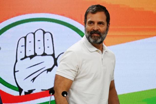 <p>Congress party leader Rahul Gandhi arrives to address a press conference in New Delhi on 25 March 2023, after being disqualified as a member of parliament</p>