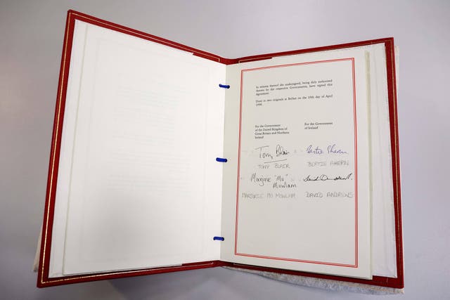 The original UK Government’s signed copy of the Belfast/Good Friday Agreement (Dept for Communities/PA)