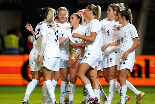 England’s Leah Williamson (third left) celebrates scoring their side’s second goal of the game with team-mates during the Arnold Clark Cup match at Ashton Gate, Bristol. Picture date: Wednesday February 22, 2023.