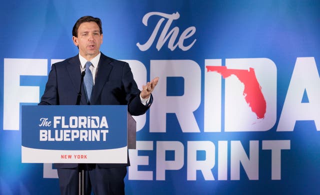 <p>Florida Governor Ron DeSantis, who is widely considered to be preparing to run for president of the United States in 2024, speaks at an event organized by the group ‘And To The Republic’ at the Cradle of Aviation Museum in Garden City </p>