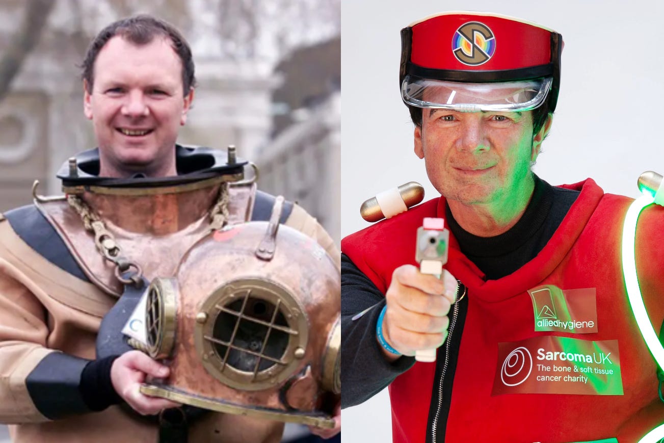 (from left to right) Lloyd Scott dressed in a deep sea diving suit and as Captain Scarlet (Sean Dempsey/Lloyd Scott/Plunge Creations)