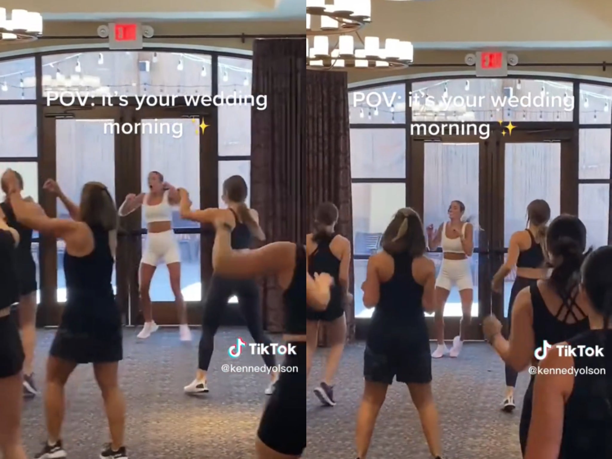 Fitness instructor Kennedy Olson has gone viral after posting a video of herself working out with her bridesmaids on the morning of her wedding day