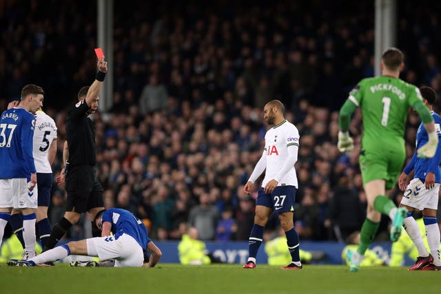 Lucas Moura was sent off six minutes after coming on at Goodison Park (Nigel French/PA)