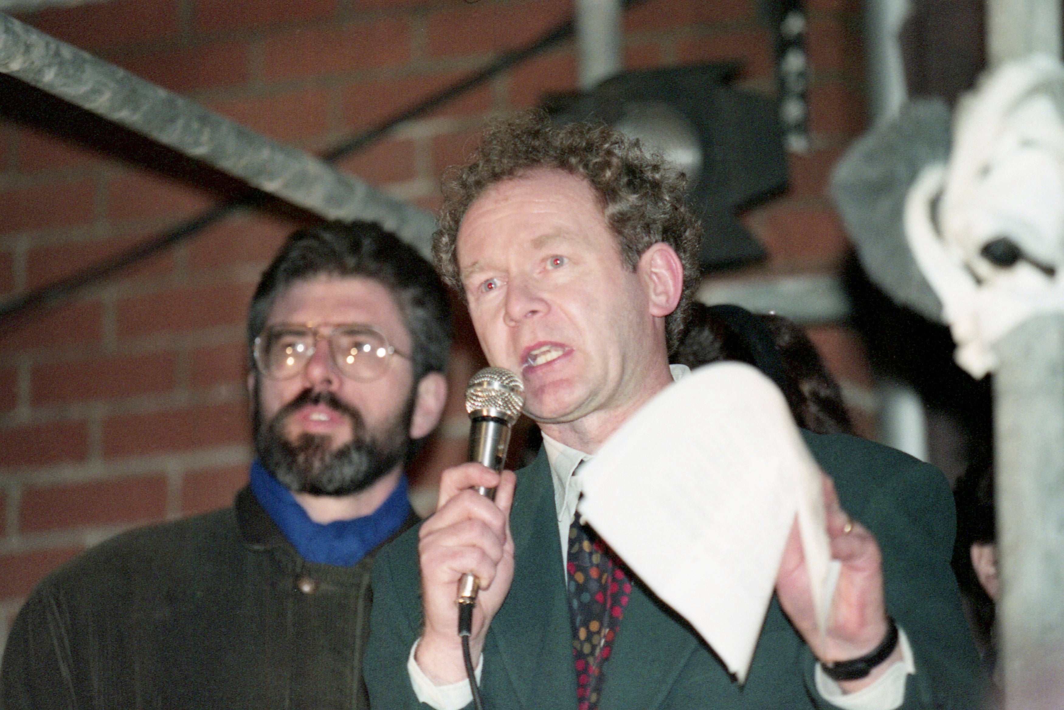 Sinn Fein deputy leader Martin McGuinness, with Gerry Adams behind him, in 1994