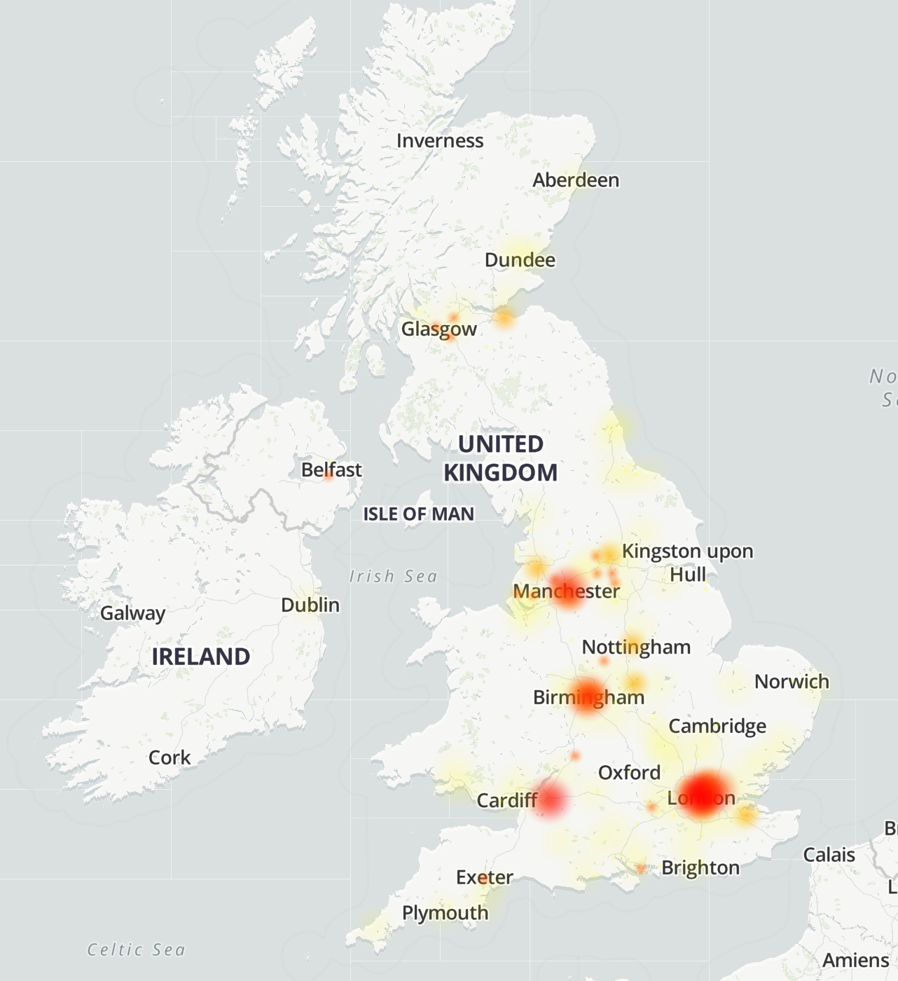 A map showing where user-submitted problem reports were concentrated over the past 24 hours