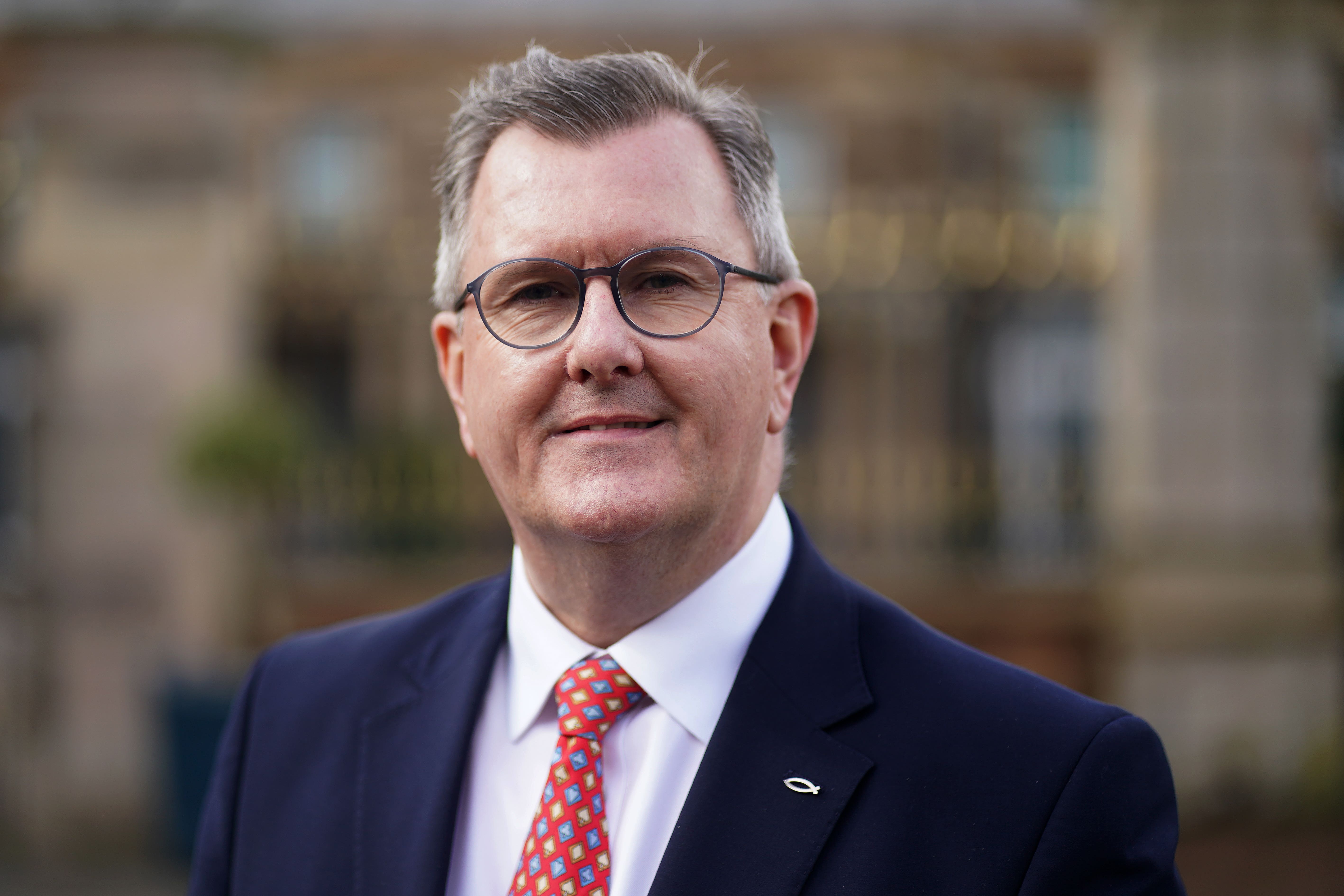 Sir Jeffrey Donaldson photographed at the gates of Hillsborough Castle (Brian Lawless/PA)