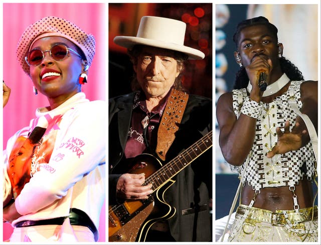 <p>L-R: Janelle Monae, Bob Dylan and Lil Nas X</p>