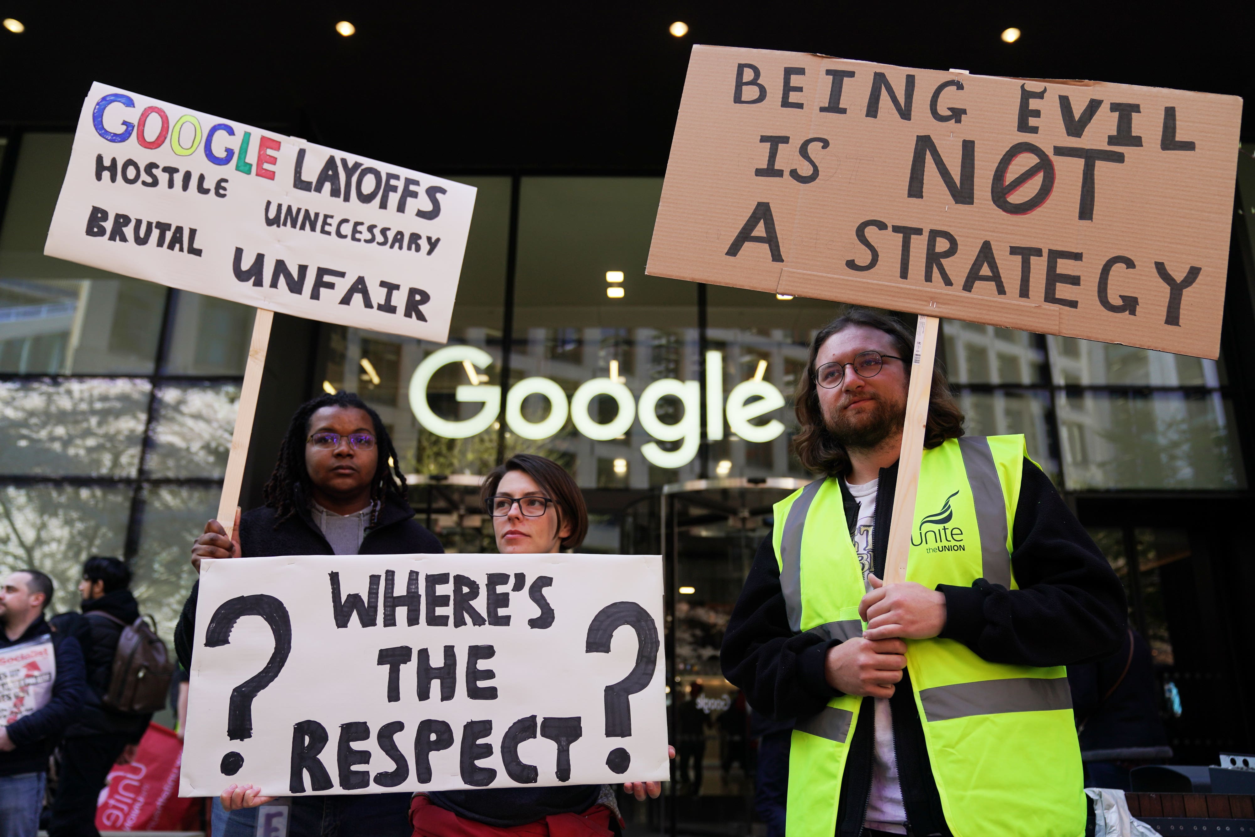Workers protest outside Google London HQ over the “appalling treatment and union busting” of staff facing redundancies (Kirsty O’Connor/PA)