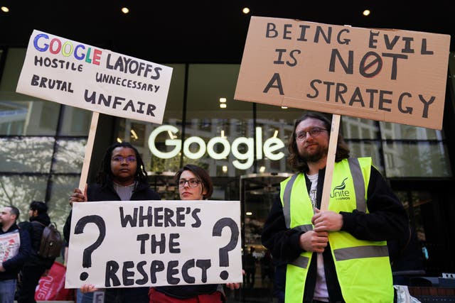 <p>Workers protest outside Google London HQ over the “appalling treatment and union busting” of staff facing redundancies (Kirsty O’Connor/PA)</p>