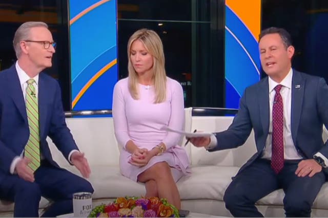 <p>Fox News hosts Steve Doocy and Brian Kilmeade spar in a recent segment on Fox & Friends. Host Ainsley Earhardt, middle, observes </p>