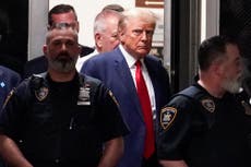 Trump indictment – live: Donald Trump, flanked by police, pleads not guilty to 34 counts