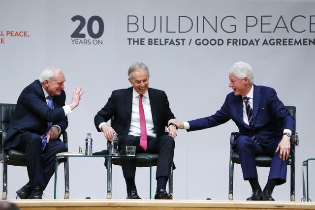 <p>Former taoiseach Bertie Ahern, former prime minister Tony Blair and former US President Bill Clinton at an event to mark the 20th anniversary of the Good Friday Agreement, at Queen’s University in Belfast in 2018 (Brian Lawless/PA)</p>
