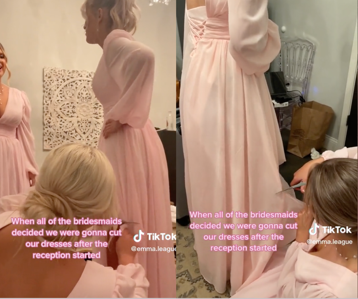 Bridesmaids spark debate about wedding etiquette after cutting dresses during reception