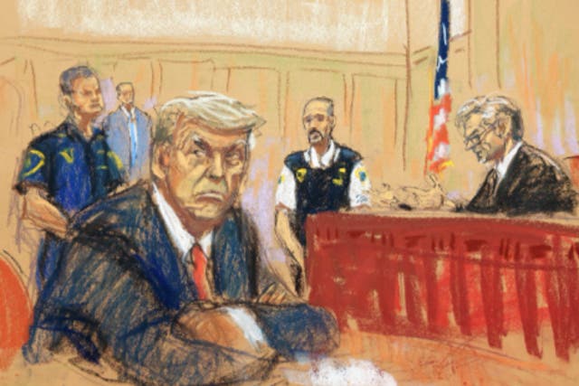 <p>A court sketch capturing Donald Trump on the day of his arraignment</p>