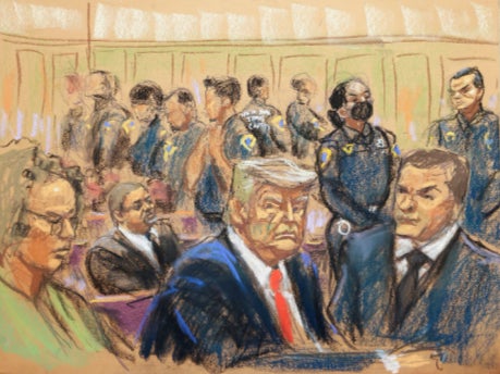 A sketch depicting Donald Trump surrounded by police on the day of his arraignment