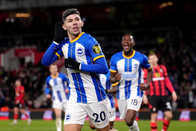<p>Julio Enciso celebrates scoring Brighton’s second goal (John Walton/PA)</p>