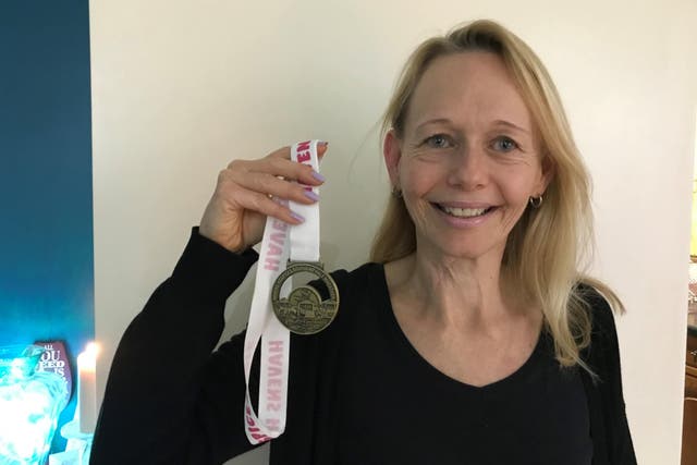 Tongue cancer survivor Karen Liesching-Schroder ran the Southend Half Marathon two weeks after finishing radiotherapy (Beverley Rouse/PA)