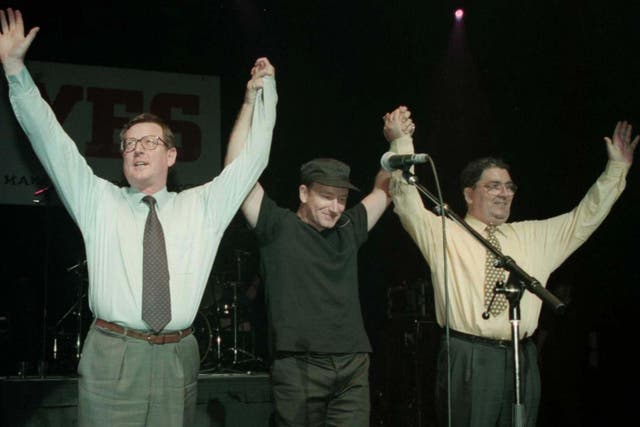 Ulster Unionist leader David Trimble, U2 singer Bono, and SDLP leader John Hume (Brian Little/PA)