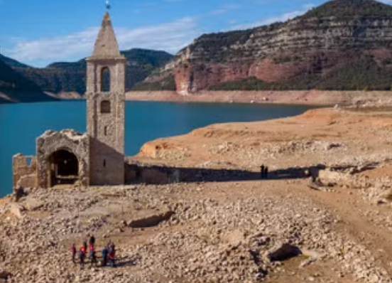 The remains of a church and ancient village emerged from the drought-stricken Sau reservoir in Vilanova de Sau, Catalonia