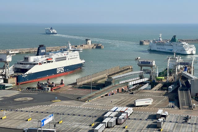 <p>Over from Dover: Ferries departing for France from the Kent port</p>