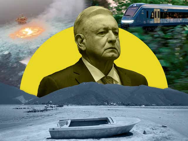 <p>El presidente de México, Andrés Manuel López Obrador. Izquierda, el incendio de Pemex en el Golfo de México en 2021; derecha, el Tren Maya en Quintana Roo; abajo, la sequía en Nuevo León</p>