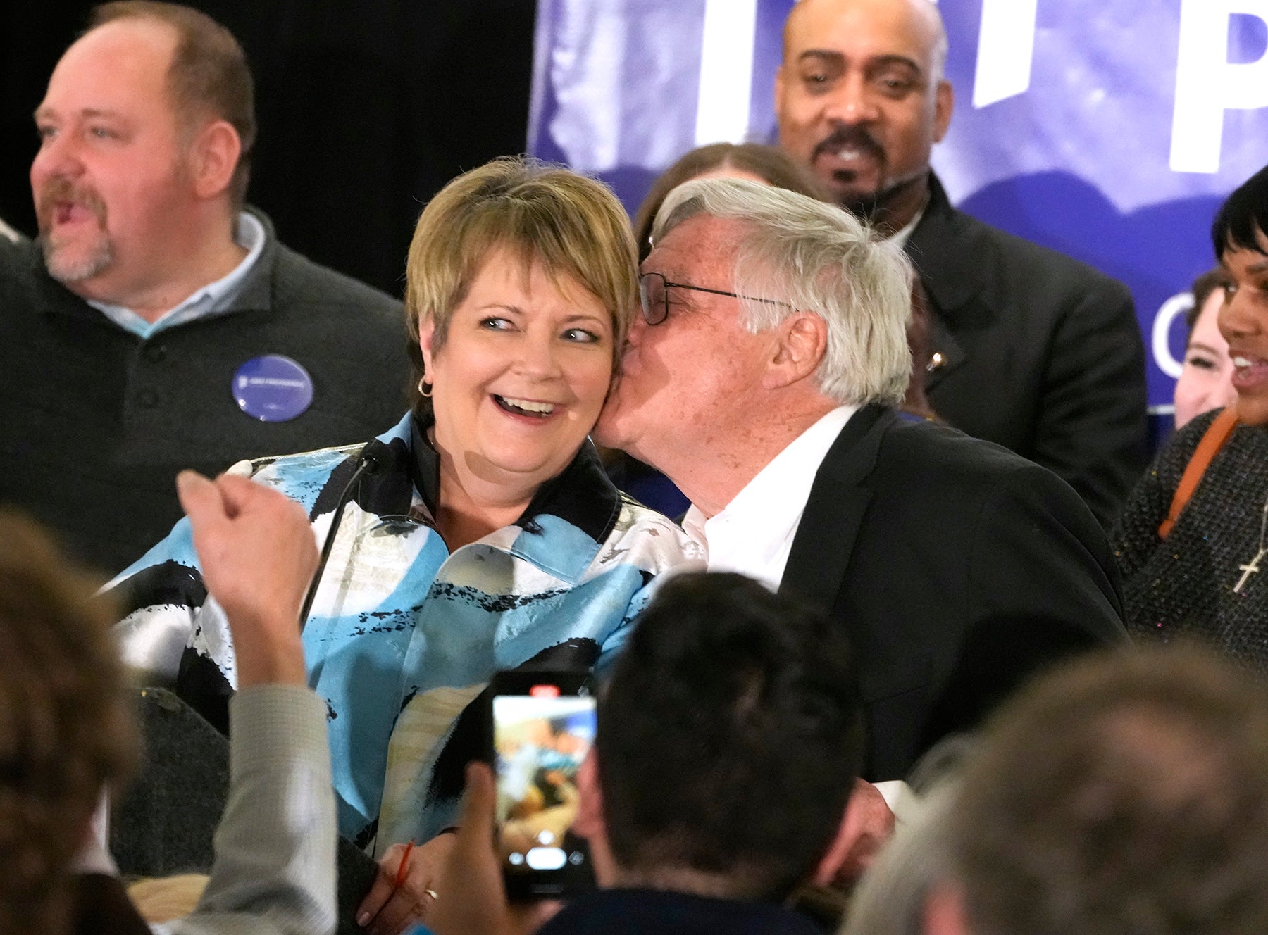 <p>Janet Protasiewicz celebrates after her election win in Wisconsin </p>