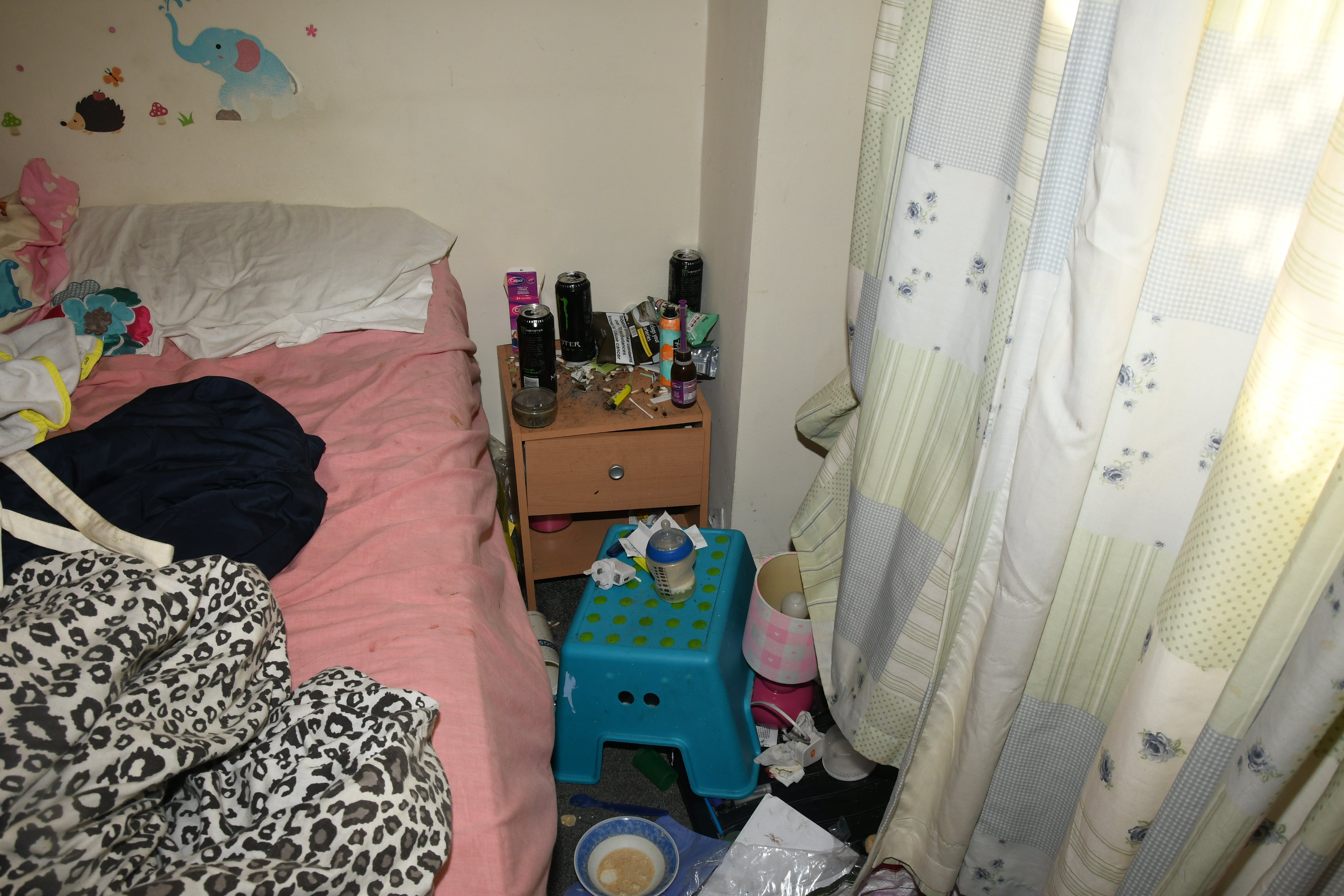 Blood, faeces and saliva were seen on Finley’s cot and on clothes alongside bottles of gone-off milk and signs of cannabis use.