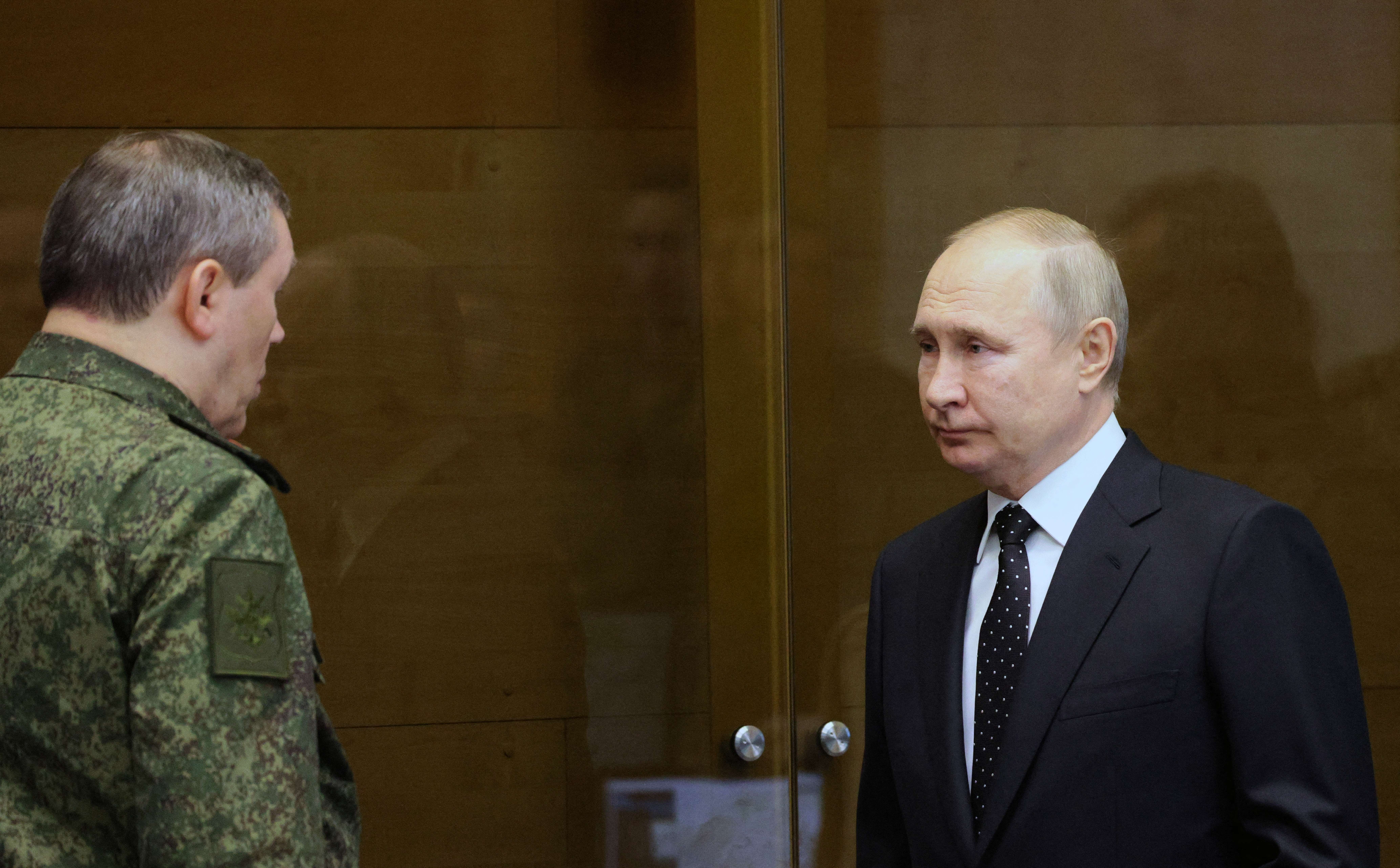 File photo: This picture taken in an undefined location in Russia shows Russian president Vladimir Putin (right) and chief of general staff Valery Gerasimov as he visits the joint staff of troops involved in Russia’s special operation in Ukraine