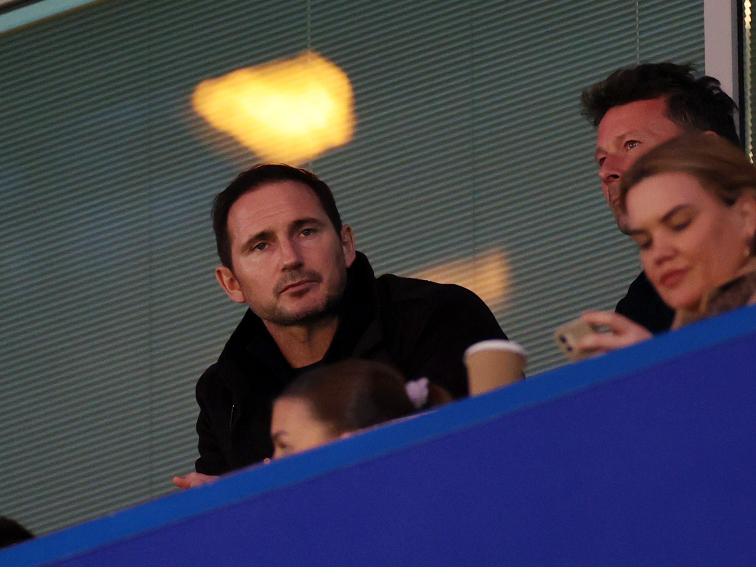 Frank Lampard looks on from the stands at Chelsea vs Liverpool