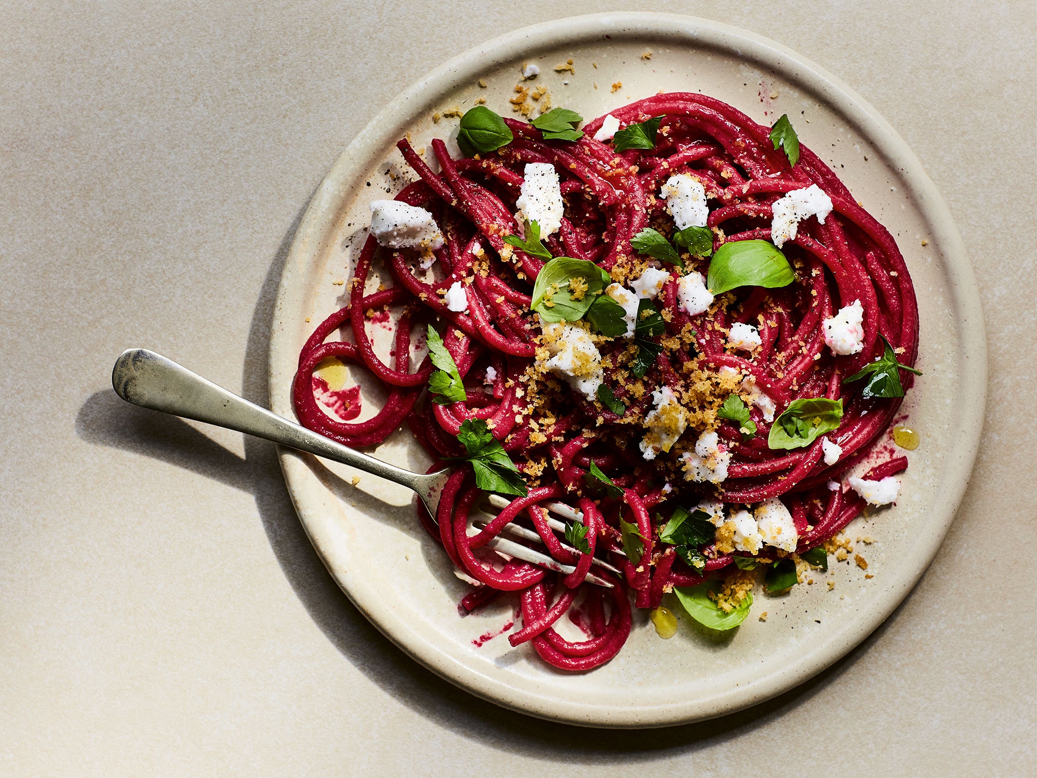The beetroot turns the pasta a majestic ruby red