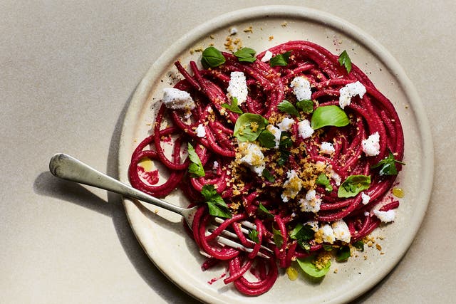 <p>The beetroot turns the pasta a majestic ruby red </p>